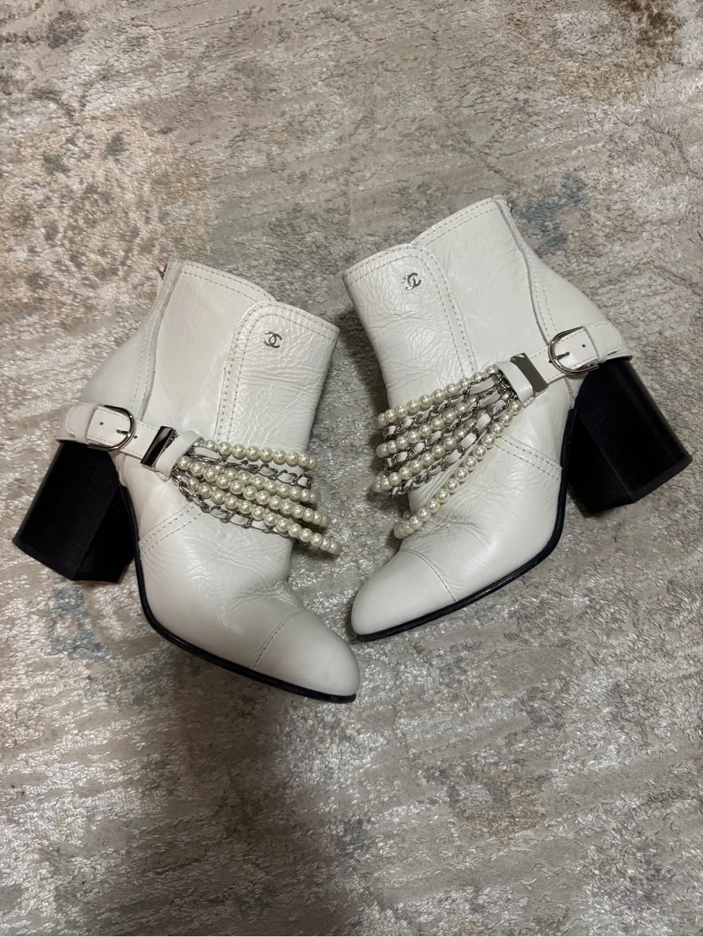 Chanel White Calfskin Pearl Chain CC Short Boots Size 39 or US 8.5